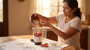 Una mujer vierte amaranto desde un recipiente de barro en una licuadora con fresas y leche sobre un mantel bordado.