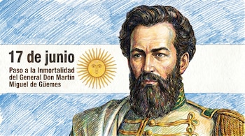 Ilustración de Martín Miguel de Güemes en uniforme militar sobre un fondo de la bandera argentina, con la fecha 17 de junio y texto conmemorativo.