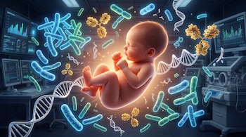 Bebé recién nacido, bacterias azules y verdes, moléculas de proteínas doradas, cadenas de ADN blancas. Fondo de laboratorio con pantallas, gráficos y equipo médico.