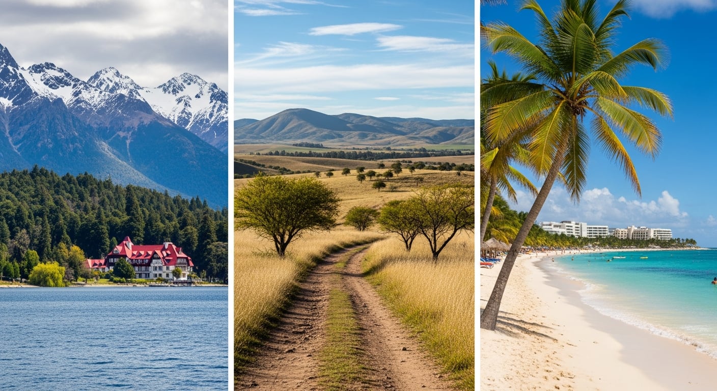 La composición de tres imágenes presenta el lago y las montañas de Bariloche, los campos secos de Córdoba y la playa caribeña de Cancún, mostrando la diversidad de paisajes. (Imagen Ilustrativa Infobae)