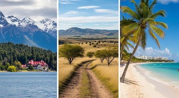 Tres fotos verticales: un lago con hotel, bosque y montañas nevadas; un camino de tierra con árboles y colinas; una playa con mar, palmeras y edificios.