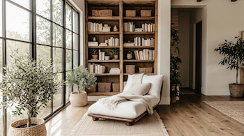 Un moderno salón con una tumbona blanca, una librería de madera, grandes ventanales negros y plantas de olivo en macetas, iluminado por luz natural.