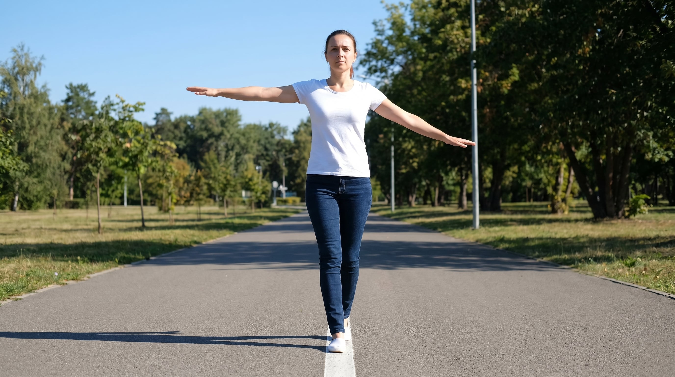 El equilibrio dinámico, como caminar en línea recta colocando un pie delante del otro, mejora la coordinación y previene caídas en mayores de 65 años (Imagen Ilustrativa Infobae)