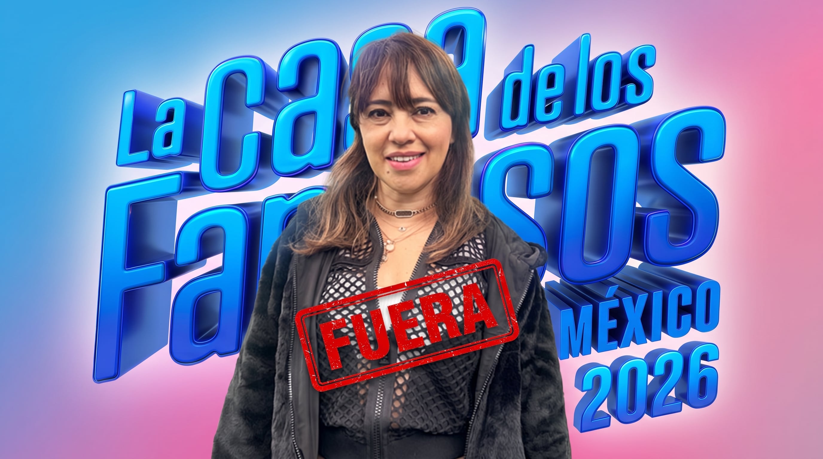Rosa María Noguerón aparece frente al logotipo del programa La Casa de los Famosos México 2026 con un sello rojo que dice Fuera. (Imagen Ilustrativa Infobae)