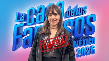 Una mujer en primer plano frente a un logotipo azul de La Casa de los Famosos México 2026 y un sello rojo con la palabra Fuera.