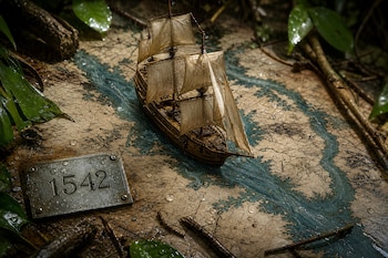 Maqueta de un barco de madera sobre un mapa antiguo del río Amazonas, junto a una placa metálica con el año 1542 y hojas verdes.