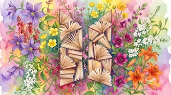 Pintura en acuarela con libros abiertos apilados en el centro rodeados por flores moradas, amarillas, naranjas, blancas y rosadas con hojas verdes.