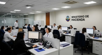 Vista interior de una oficina grande con numerosos empleados sentados en cubículos frente a computadoras, con un letrero de 'Ministerio de Hacienda' en la pared.