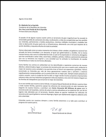 Jaime Gilinski y su esposa dijeron que "Colombia cuenta con nosotros siempre" - crédito Jaime Gilinski y Raquel Kardonski