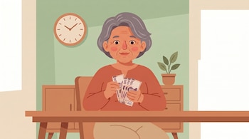 Una ilustración muestra a una mujer mayor sentada frente a una mesa de madera, sosteniendo varios billetes de 500 pesos. Detrás hay un reloj y un mueble.