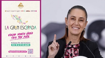 Una imagen dividida: a la izquierda, un cartel de la campaña 'La Gran Escapada'; a la derecha, una funcionaria sonriendo y señalando con el dedo.