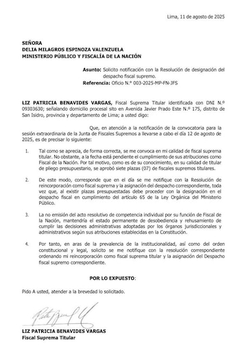 Oficio de Patricia Benavides a