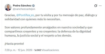 El mensaje de agradecimiento de Pedro Sánchez al papa León XIV en X.