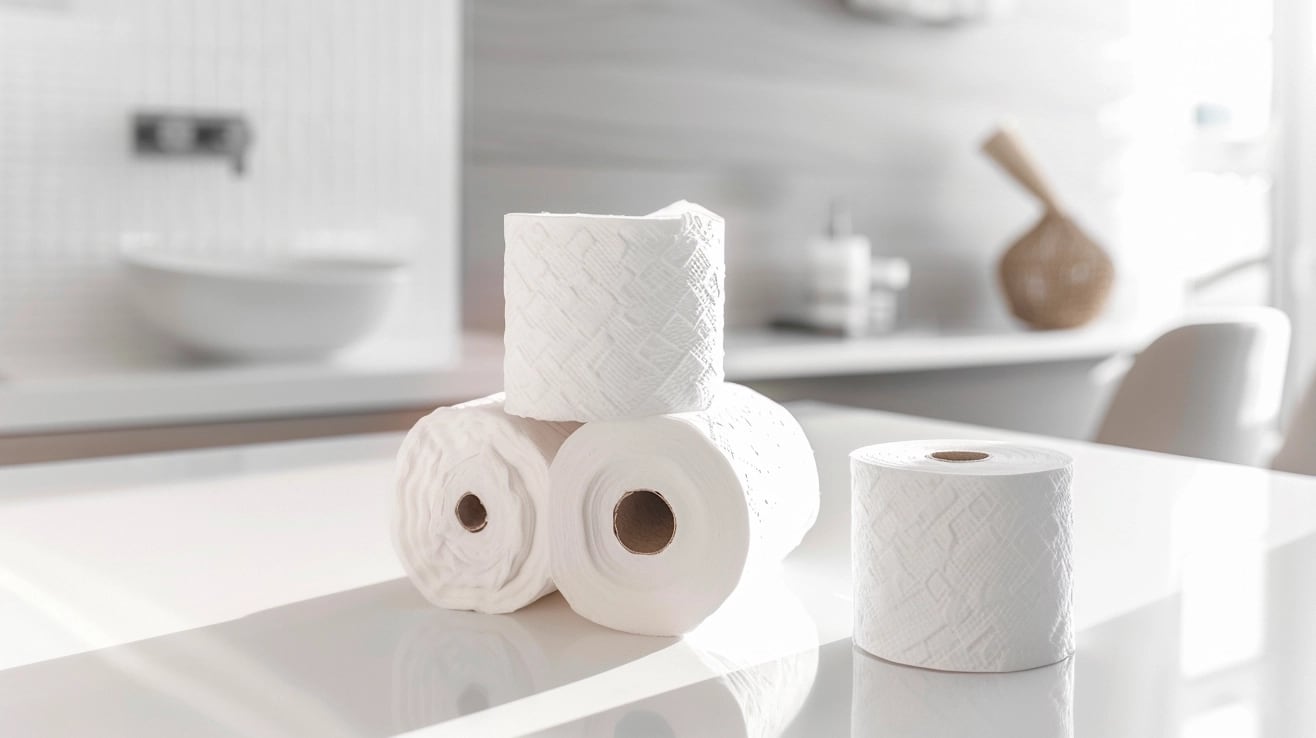 Varios rollos de papel higiénico dispuestos sobre la mesada del baño, reflejando la importancia de mantener productos básicos para la higiene personal. (Imagen ilustrativa Infobae)
