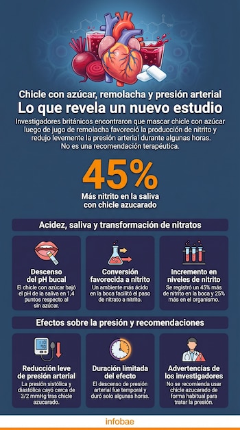 Infografía muestra un corazón, remolachas, un vaso con jugo, chicles, moléculas químicas y gráficos con texto sobre un estudio médico.