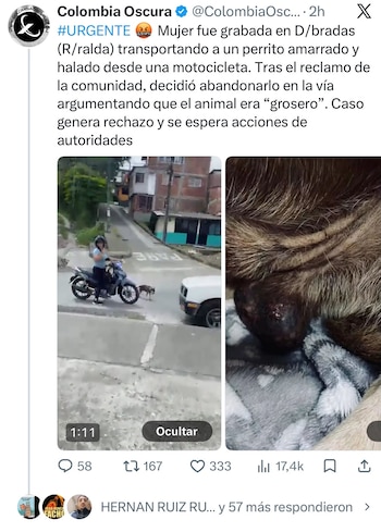 Grabaron a una conductora que transportaba a un perro amarrado a una moto en Risaralda - crédito @ColombiaOscura/X