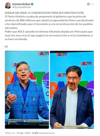 Gustavo Bolívar respaldó que los $18 millones de la prima especial de servicios de los congresistas sean destinados a los damnificados y a la reconstrucción - crédito @GustavoBolivar/X