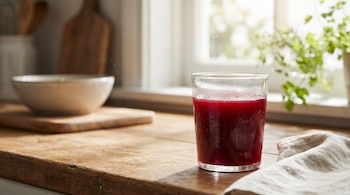 Primer plano de un vaso de jugo rojo frío con condensación, sobre una mesa de madera en una cocina luminosa, con una ventana y plantas al fondo.