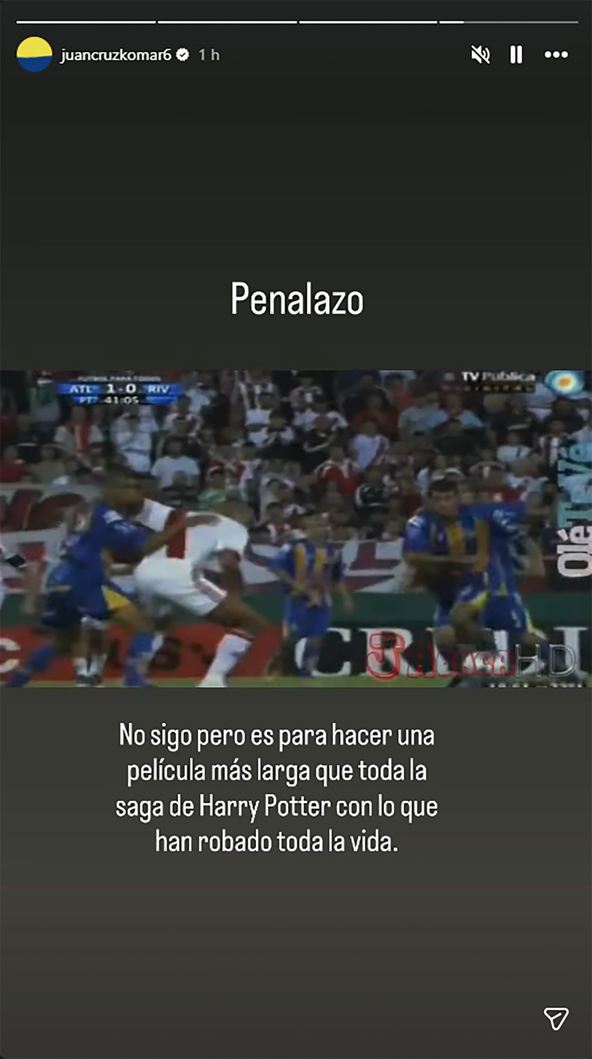 Otro de los posteos de Juan Cruz Komar con un penal que le cobraron a River contra Atlanta en la B Nacional en 2012 (Instagram)