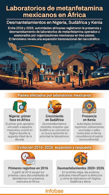 Infografía sobre laboratorios de metanfetamina. Contiene mapa de México y África con flechas, policías, equipo de laboratorio, vehículos y texto informativo de Infobae.