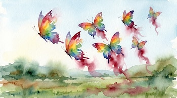 Varias mariposas acuarela con alas arcoíris rotas o desvaneciéndose, vuelan sobre un fondo rural abstracto de tonos verdes y marrones, dejando rastros rojos.