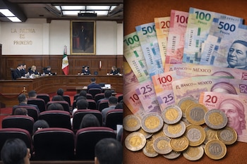 Una imagen dividida con el Pleno de la Suprema Corte en sesión con jueces y audiencia, y a la derecha una colección de billetes y monedas de pesos mexicanos.