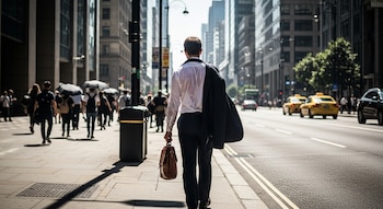 Hombre de espaldas con camisa blanca y chaqueta oscura al hombro, llevando un maletín marrón, camina por la acera de una calle de ciudad con edificios y taxis amarillos.