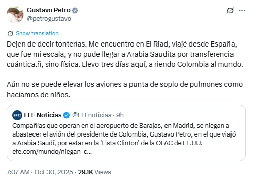 Gustavo Petro respondió al lío que habría tenido con el suministro de combustible para el avión presidencial, en España - crédito @petrogustavo/X