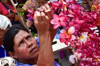 Los habitantes colaboran en los preparativos de las ofrendas florales y palmas.