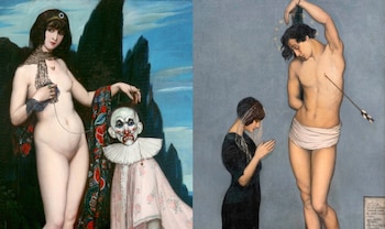 Dos pinturas: una mujer sostiene una marioneta de payaso a la izquierda y otra mujer reza frente a un hombre atado a la derecha