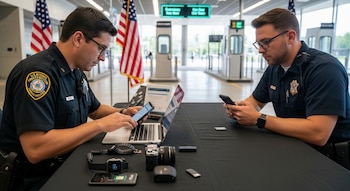 Dos oficiales de CBP en uniforme revisan una laptop y teléfonos inteligentes. Sobre una mesa negra, se ven relojes, una cámara y otros dispositivos. Banderas de EE.UU. al fondo.