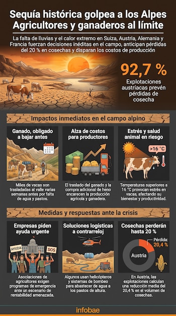 Infografía de sequía alpina. Muestra paisaje árido, vacas, sol, suelo agrietado, texto, gráfico de pérdidas de cosecha y costos, helicóptero, agricultores.