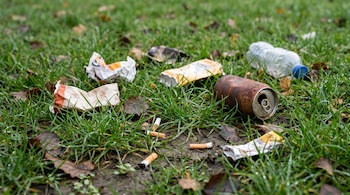 Una vista detallada de césped verde con varias piezas de basura: latas de refresco, papeles arrugados, colillas de cigarro y una botella de plástico transparente.