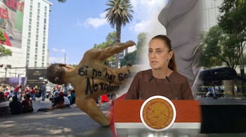 Imagen compuesta: Claudia Sheinbaum hablando en un podio con el escudo de México, superpuesta sobre una escena de protesta urbana con una figura humana en el suelo que dice "Si no hay solu No ro...".