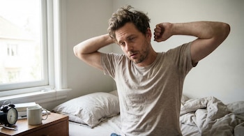Hombre con pelo revuelto y barba, camiseta beige, sentado en la cama estirándose. Su rostro muestra cansancio. Mesita con despertador y taza a su izquierda.