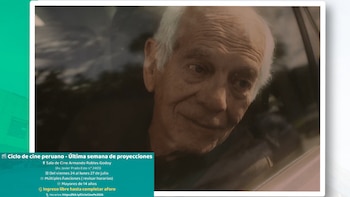 Retrato de un hombre mayor canoso y recuadro verde con información sobre el Ciclo de Cine Peruano en la Sala Armando Robles Godoy de Lima, con entrada gratuita