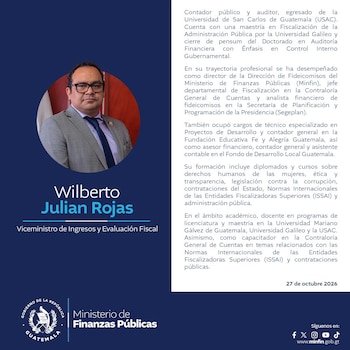 Ficha informativa con el retrato de Wilberto Julian Rojas junto a textos sobre su formación y logotipos del Gobierno de Guatemala