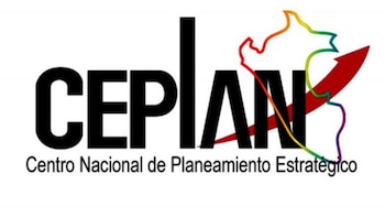 Logo de Ceplan con las letras en negro y contorno del mapa de Perú multicolor sobre la A y la N, con una flecha roja