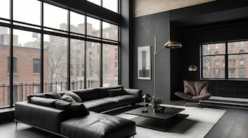 Interior de un salón moderno con grandes ventanales. Incluye un sofá seccional de cuero negro, un sillón marrón, una mesa de centro negra y lámpara.