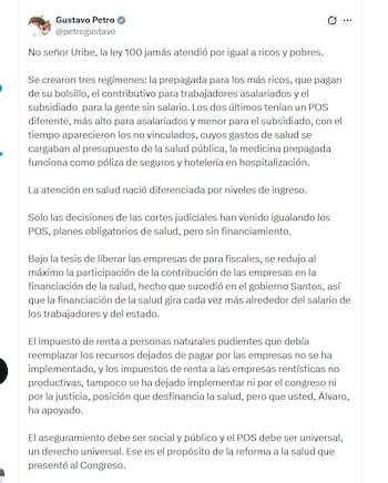 El presidente Gustavo Petro aseguró que la Ley 100 generó una brecha en la atención en salud de la población colombiana - crédito @petrogustavo/X