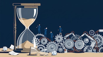 Ilustración de un reloj de arena grande casi sin arena, con figuras humanas engranadas en maquinaria con brazos robóticos. Papeles y relojes de arena rotos yacen en el suelo.