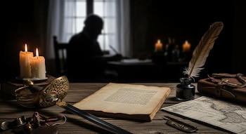 Una mesa de madera exhibe un manuscrito, una pluma de ave, un tintero, una espada española, un mapa náutico, velas y objetos personales, con una silueta al fondo.