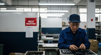 Hombre asiático de edad avanzada con gorra azul y gafas, vestido de uniforme azul, revisando piezas en una fábrica con un cartel rojo de "Help Wanted" al fondo.