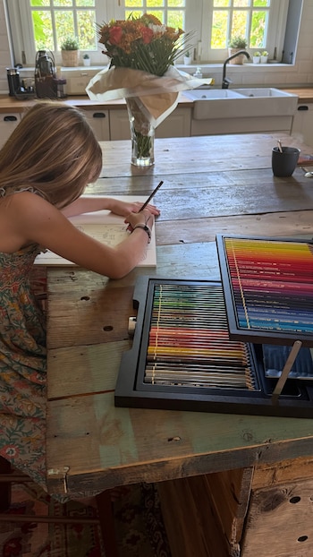 Una niña de cabello claro, vista de espaldas, dibuja en una mesa de madera rústica. Hay cajas de lápices de colores y un ramo de flores en jarrón