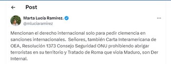 Marta Lucía Ramírez mostró su desacuerdo con comunicado de gobiernos de Brasil y Colombia - crédito @mluciaramirez