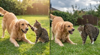 Imagen dual: un golden retriever y un gato atigrado en un jardín. Izquierda: ambos juegan amistosamente. Derecha: los mismos animales muestran gruñidos y posturas agresivas.