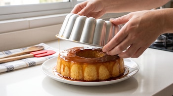 Manos de una persona desmoldando un flan con caramelo sobre un plato blanco. Sobre una encimera se ven utensilios de cocina.