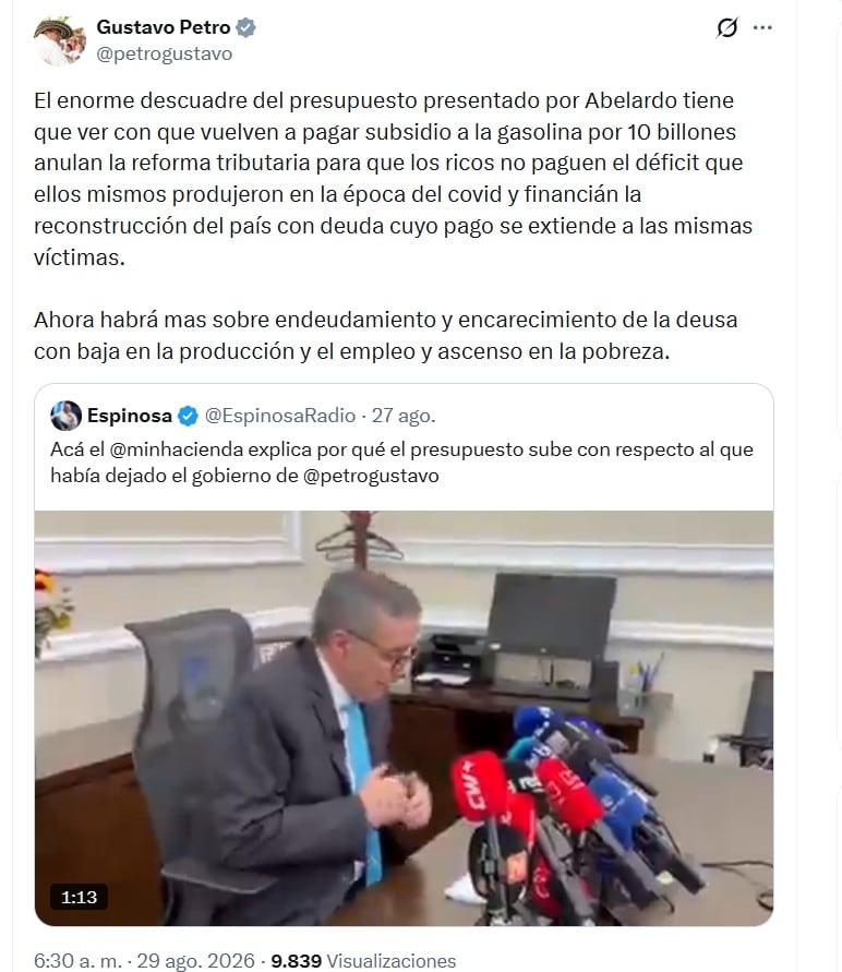 El expresidente Gustavo Petro se refirió al anuncio con la presentación del Presupuesto General de la Nación (PGN) para 2027, que realizó el ministro de Hacienda Miguel Gómez - crédito @petrogustavo/X