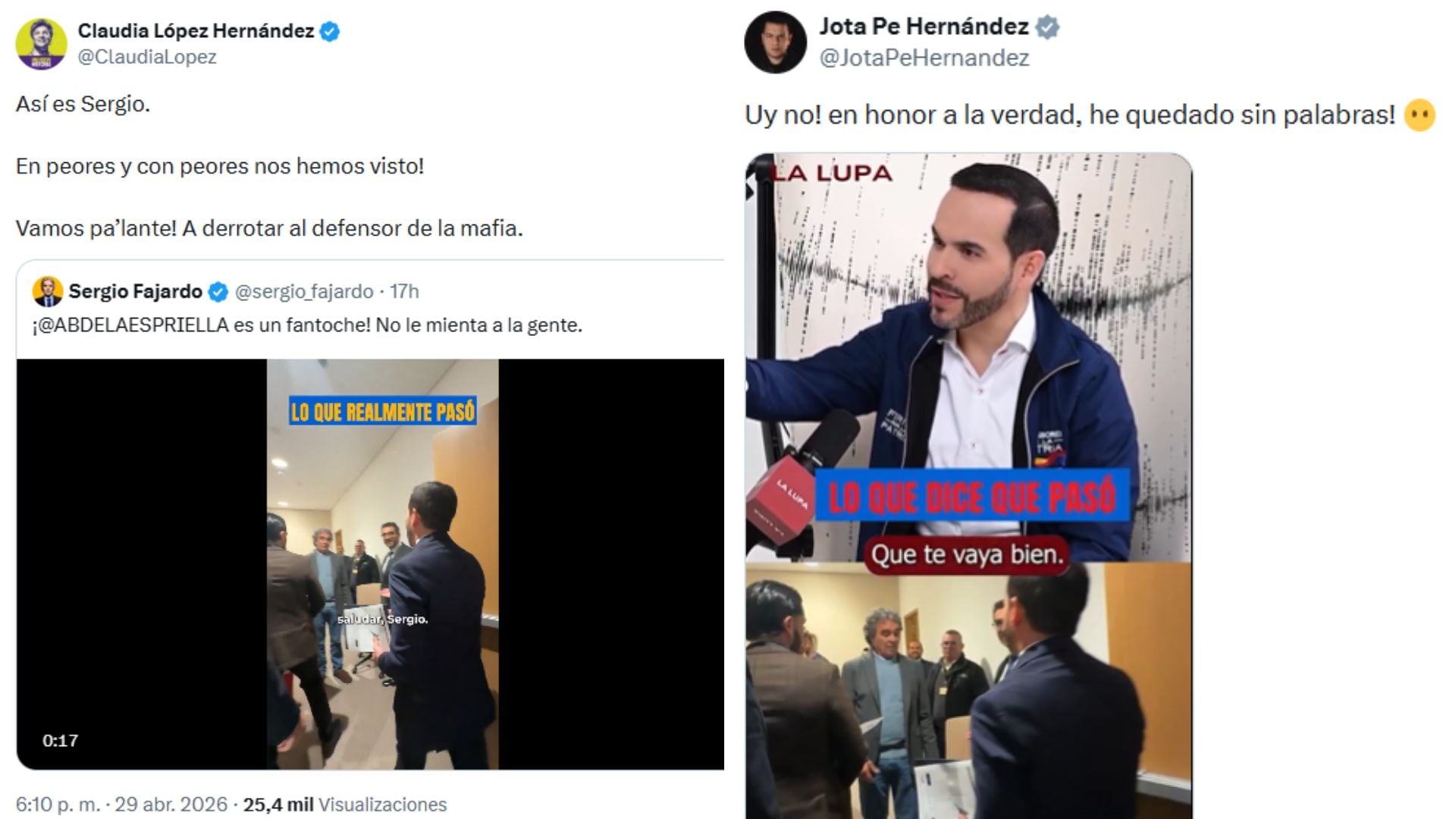 Claudia López y Jota Pe Hernández respaldaron a Sergio Fajardo tras crítica a Abelardo de la Espriella - crédito @ClaudiaLopez/X - @JotaPeHernandez/X