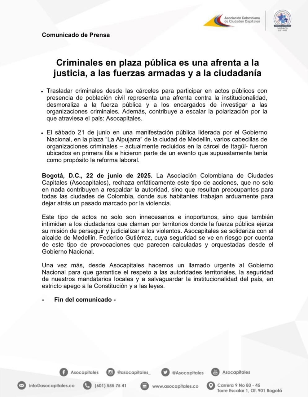 Desde Asocapitales rechazaron la posición del presidente Gustavo Petro - crédito @Asocapitales/X
